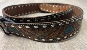 Vintage Dun Dee Size 42 Tooled Leather Eagle Western Cowboy Belt Silver Lacing